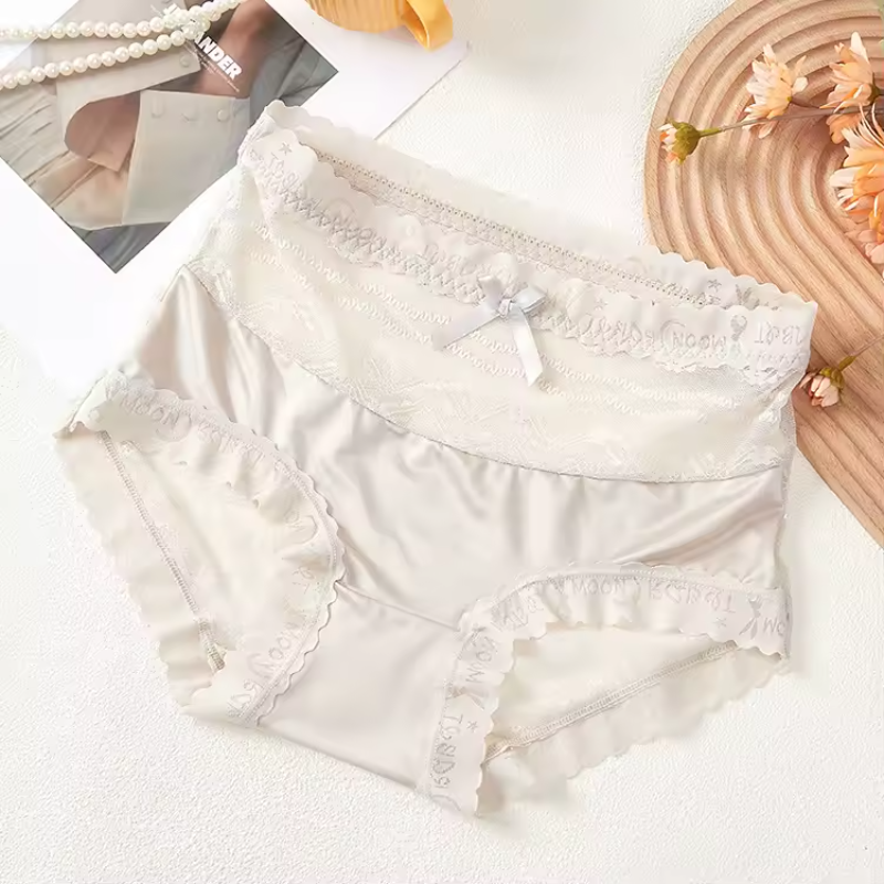 Bow Trim Lace High Waist Seamless Ice Silk Splice Breathable Underpants